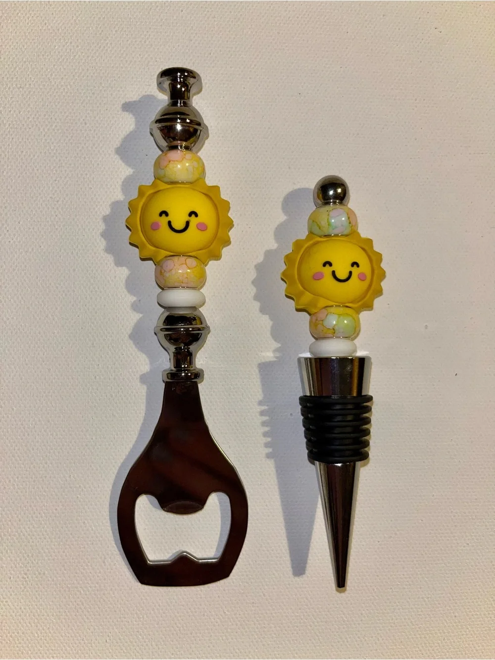 Sunny Yellow Smiling Sun Bottle Opener & Wine Stopper Set